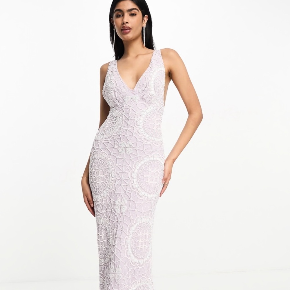 ASOS DESIGN embellished plunge midi dress with tie back detail in lilac